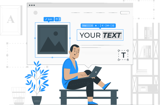 Man working on text design, next to a website contact form.